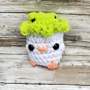 Crochet Chick with Frog Hat Plush Stuffed Animal  White Green Amigurumi Chenille